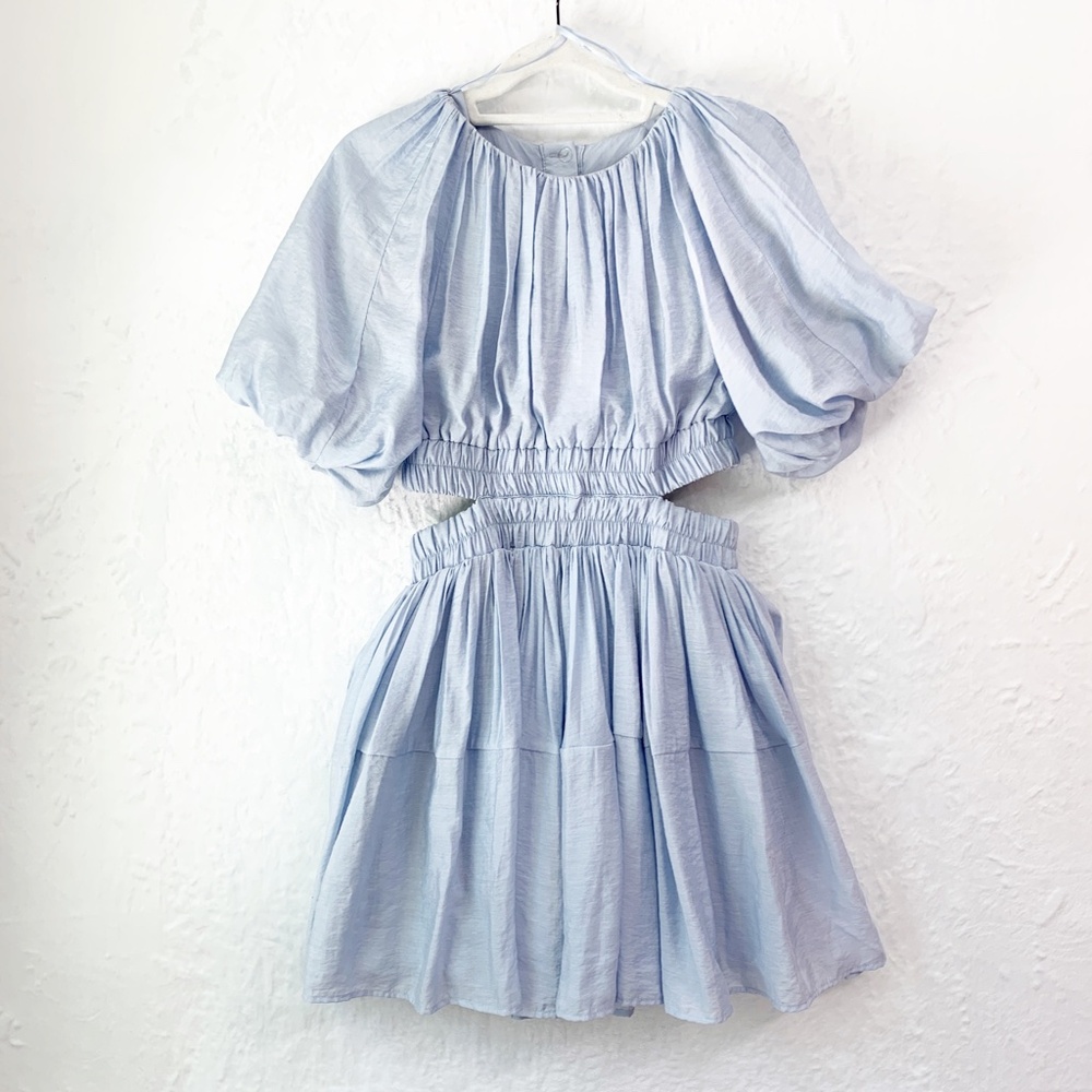 Vici Light Blue Puff Sleeve Cut-Out Detail Mini Dress Sz M - Picture 5 of 15